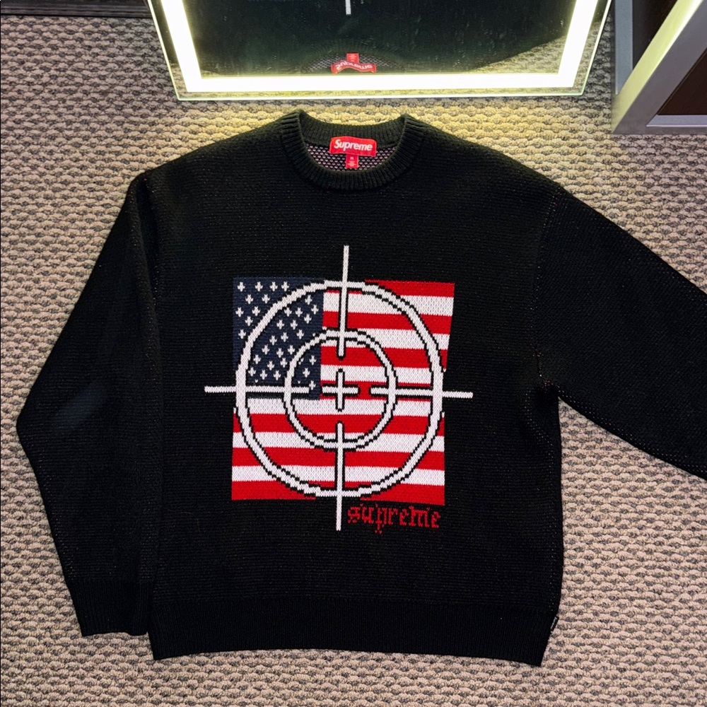 Supreme Black Crewneck Sweater with Target Flag Design